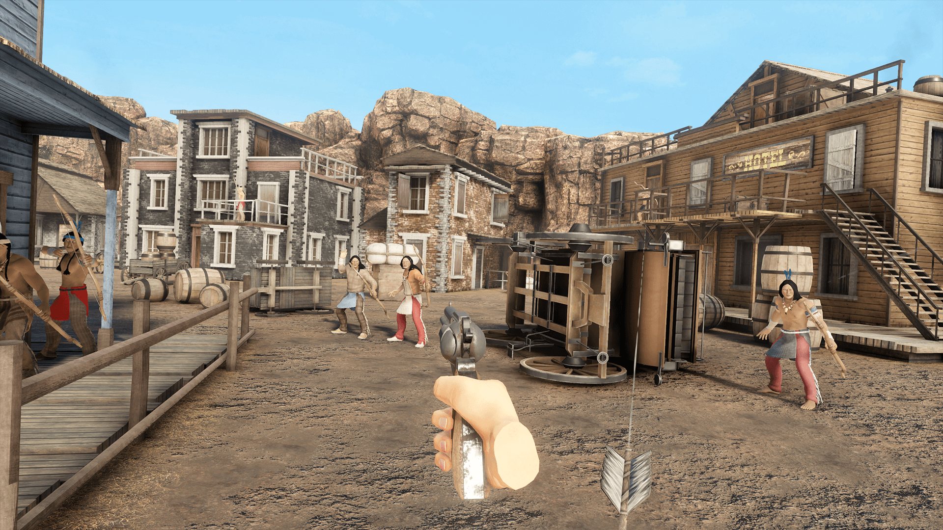 Black Trail: a frontier town street seen from the player's revolver hand